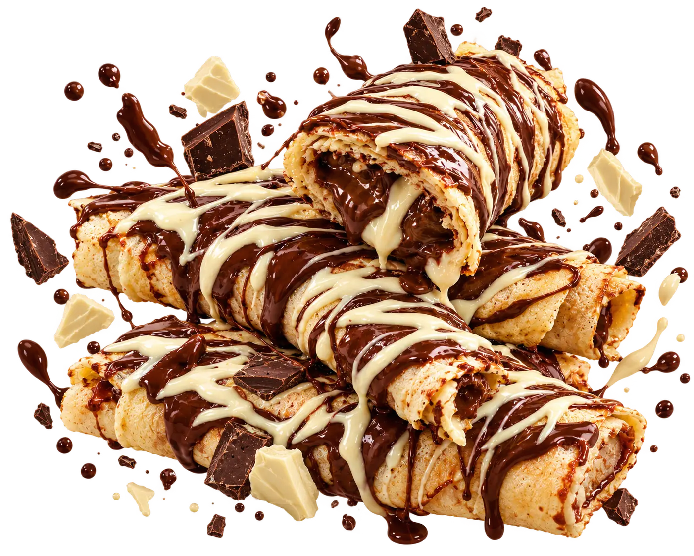 Crêpes roulées nappées de chocolat noir et de chocolat blanc, entourées d'éclats de chocolat