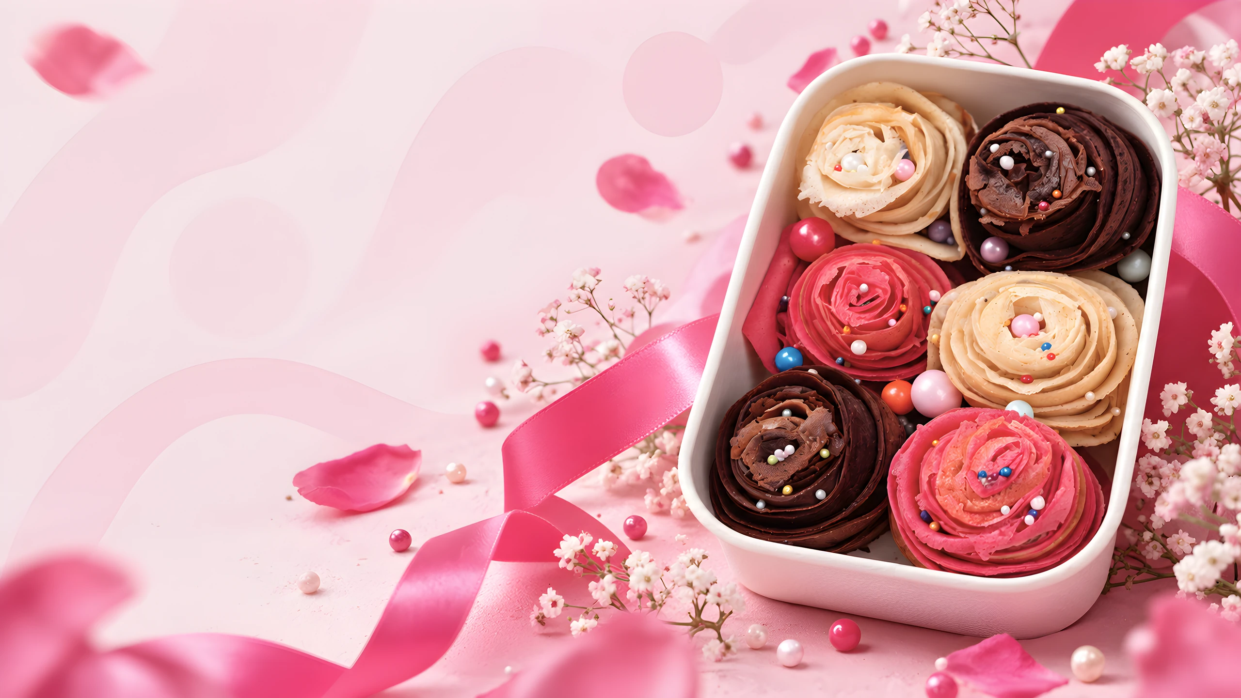 Boîte de Crêpes Espoir roulées en forme de roses, au chocolat, à la vanille et roses, entourée d'un ruban rose et de fleurs
